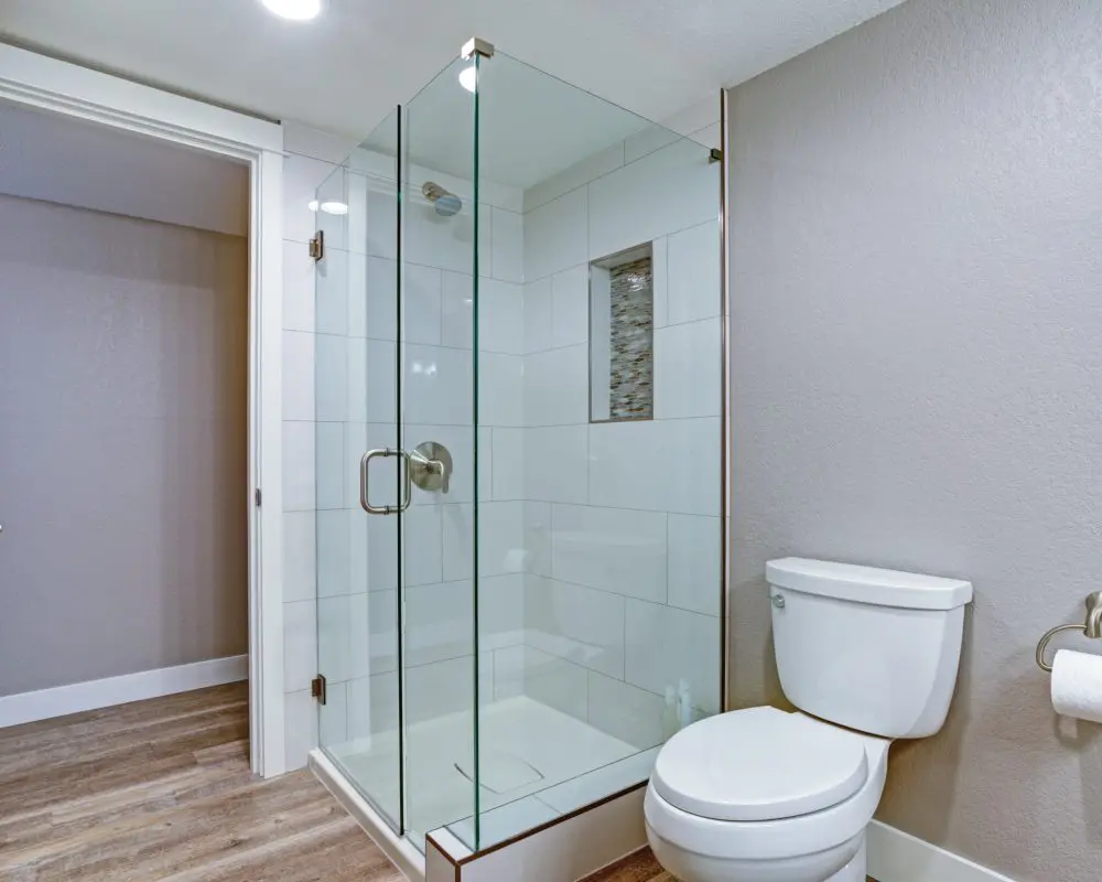 Modern bathroom with a glass-enclosed shower, white toilet, and wood-patterned flooring.
