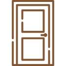 Simple brown outline of a closed door with two rectangular panels and a handle.
